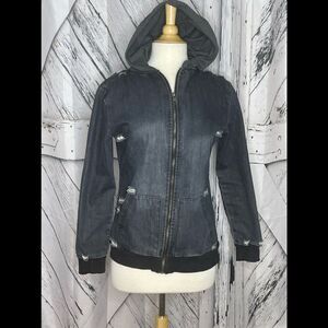 Distressed black denim hooded jacket S